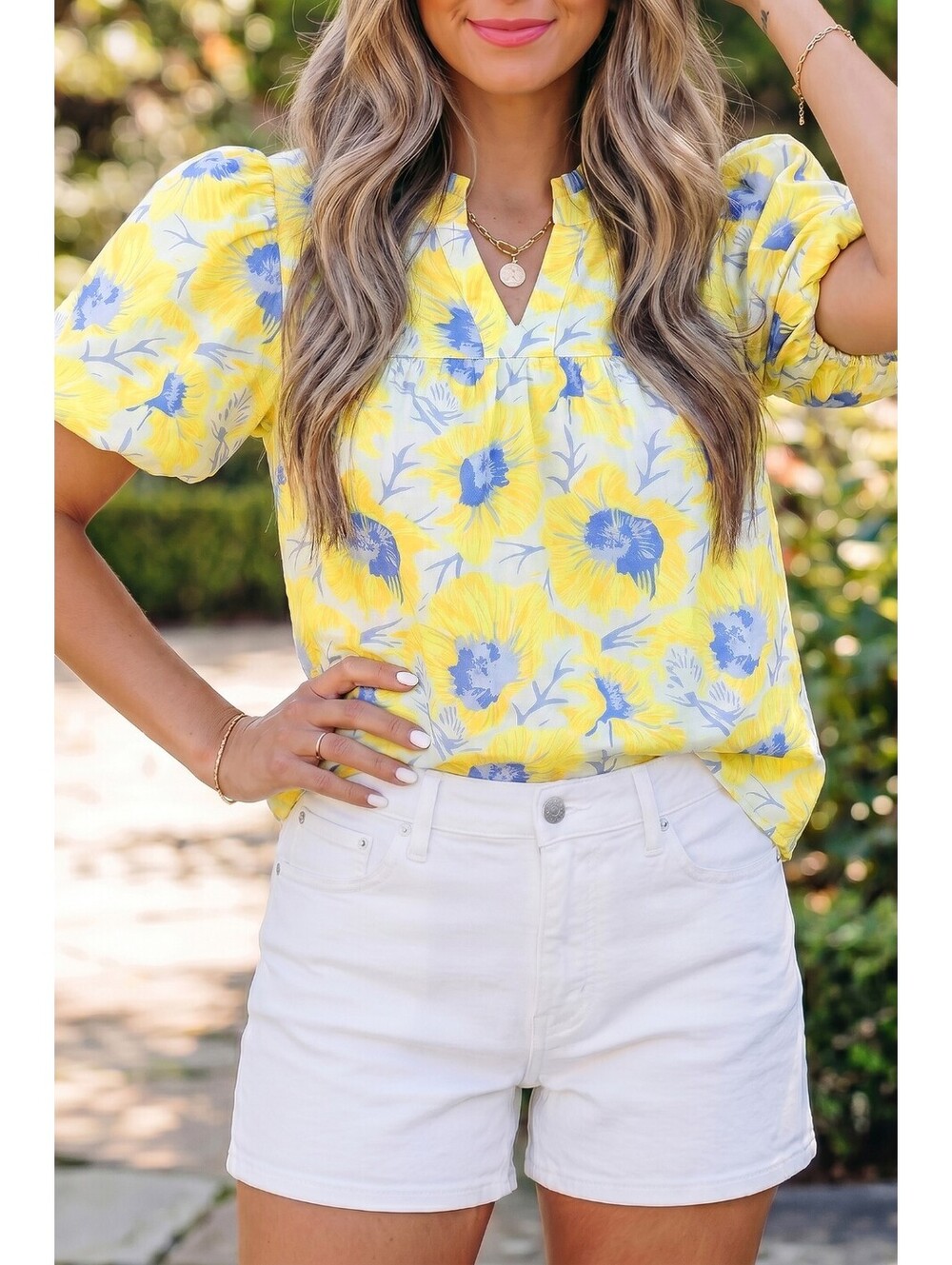 Yellow and Blue Floral Print Puff Sleeve Blouse